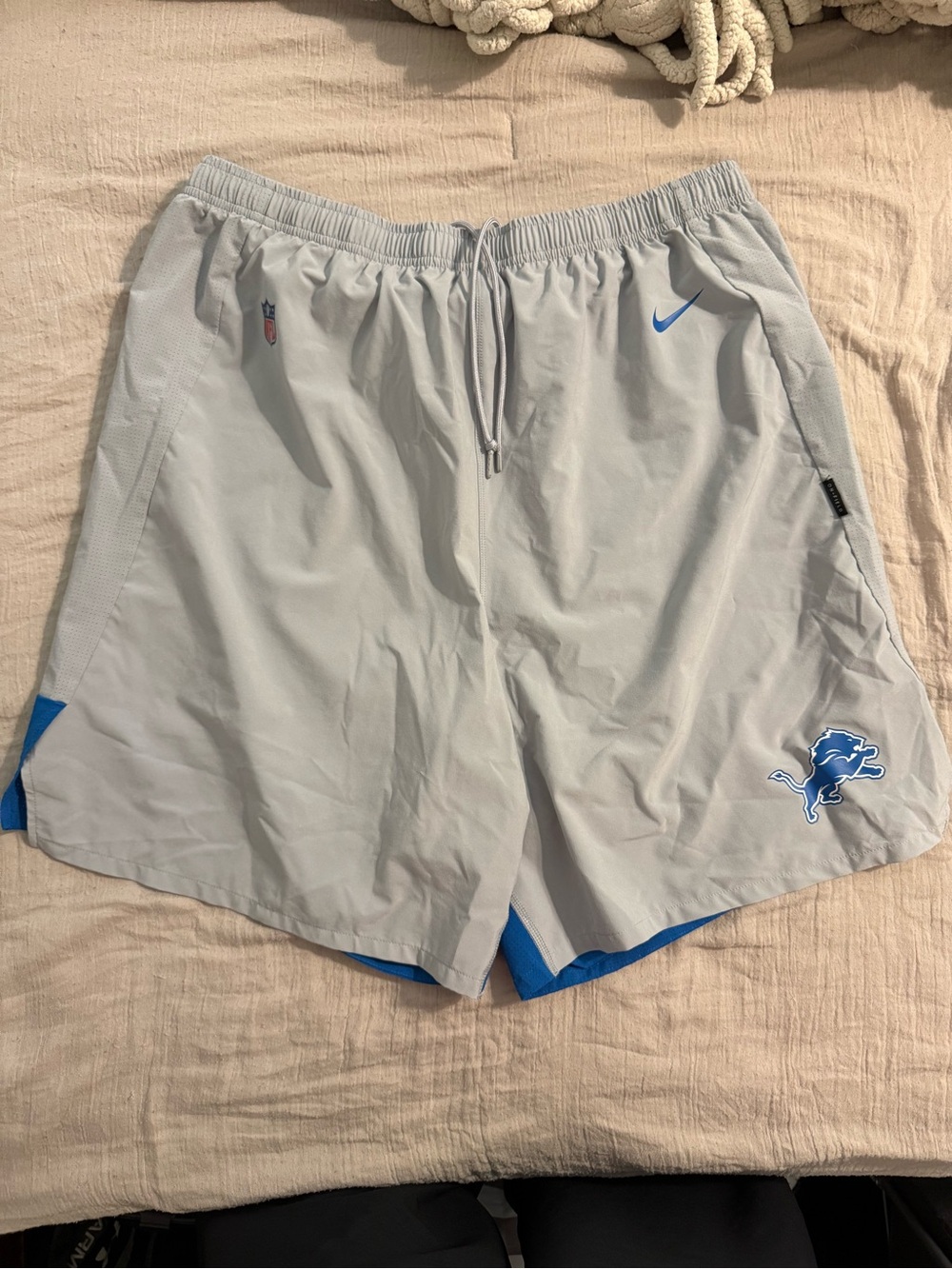 NFL Men’s Light Gray Athletic Shorts with Blue Accents - Detroit Lions Logo